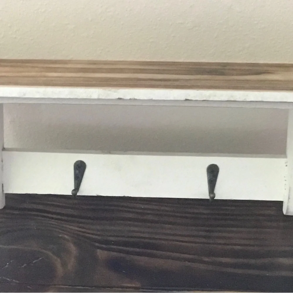 Wooden Wall Shelf with Hooks in White and Dark Brown